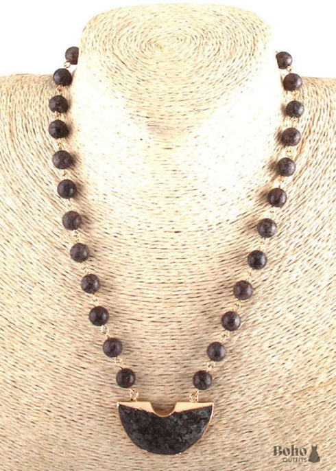 Boho Necklace, RH Rose Quart Amazonite, Half Moon Pink Natural Stone